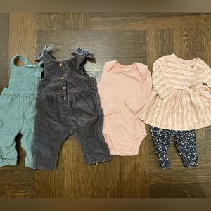 3-6M bundle girls corduroy overalls, cotton tops and bottoms.  Zara & carters